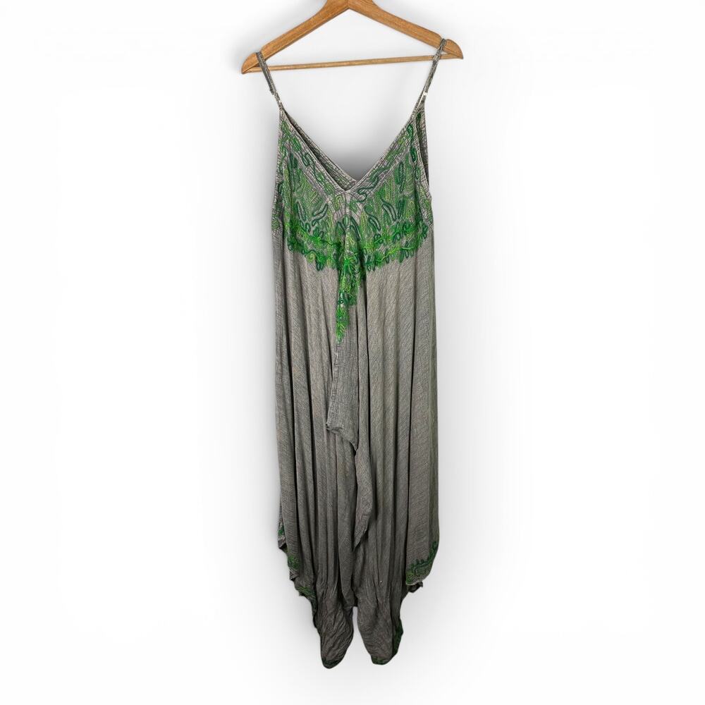 Sacred Threads Womens Gray Green Embroidered Harem Jumpsuit Bohemian Hippie